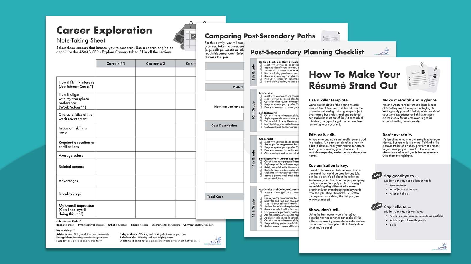 Flat lays of career exploration worksheets